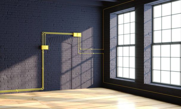Черный интерьер в стиле лофт с окнами
 - Фото, изображение