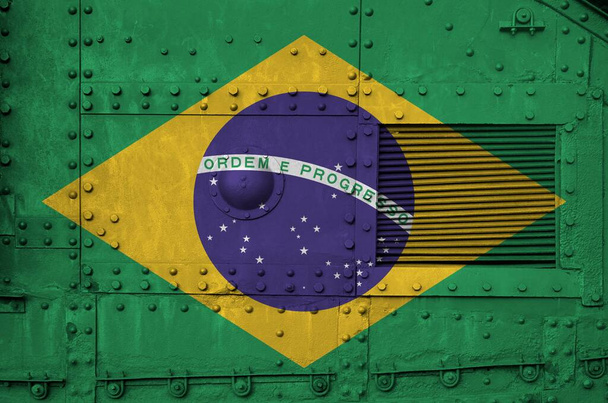 Brazil flag depicted on side part of military armored tank close up. Army forces conceptual background - Photo, Image