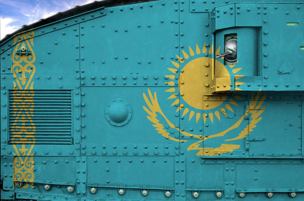 Kazakhstan flag depicted on side part of military armored tank close up. Army forces conceptual background - Photo, Image