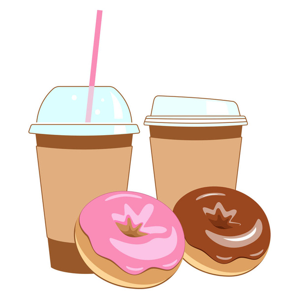 Donut y café. Tazas de café y donas plantilla vectorial
. - Vector, imagen
