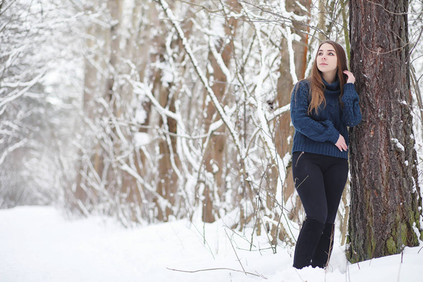 Młoda dziewczyna w parku zimowym na spacer. Święta Bożego Narodzenia w t - Zdjęcie, obraz