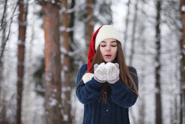 A young girl in a winter park on a walk. Christmas holidays in t - Photo, Image