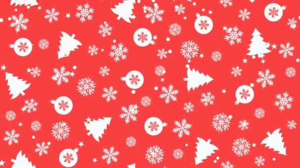 Χριστουγεννιάτικο μοτίβο φόντο με χριστουγεννιάτικα δέντρα, νιφάδες χιονιού και μπάλες Χριστουγέννων - Πλάνα, βίντεο