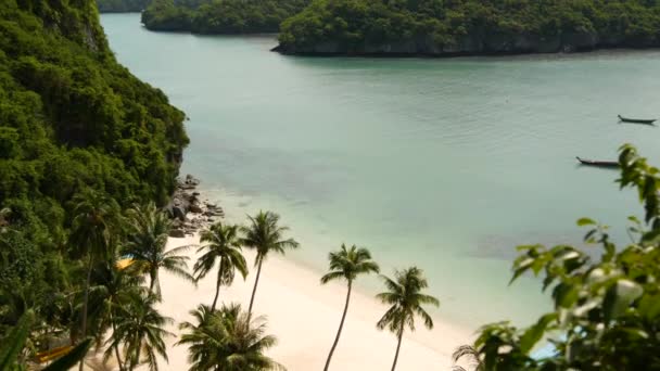 緑のジャングルの近くの穏やかな海。ターコイズブルーの水と穏やかな海、タイのアン・トンパラダイス国立公園の白い砂浜の熱帯海岸。熱帯雨林と岩。夢のビーチ、リラックスして休暇のコンセプト - 映像、動画