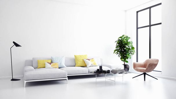 große luxuriöse moderne minimale helle Innenräume Zimmer-Attrappe illustr - Foto, Bild