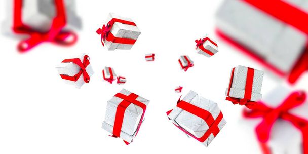 Boîte à ruban cadeau. Cadeaux tombant avec des rubans rouges. Fond de Noël avec des boîtes Surprise. Utilisé pour anniversaire, cadeaux d'anniversaire, cartes cadeaux, cartes postales
 - Photo, image