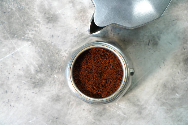 Geyser coffee maker, top view. Flat lay. - Φωτογραφία, εικόνα
