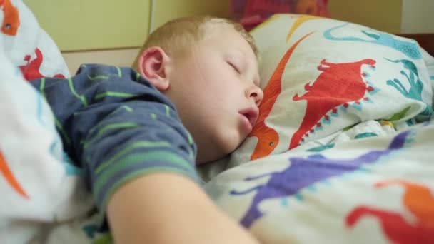 A fiú a párnán alszik dinoszauruszokkal. Közelkép. - Felvétel, videó