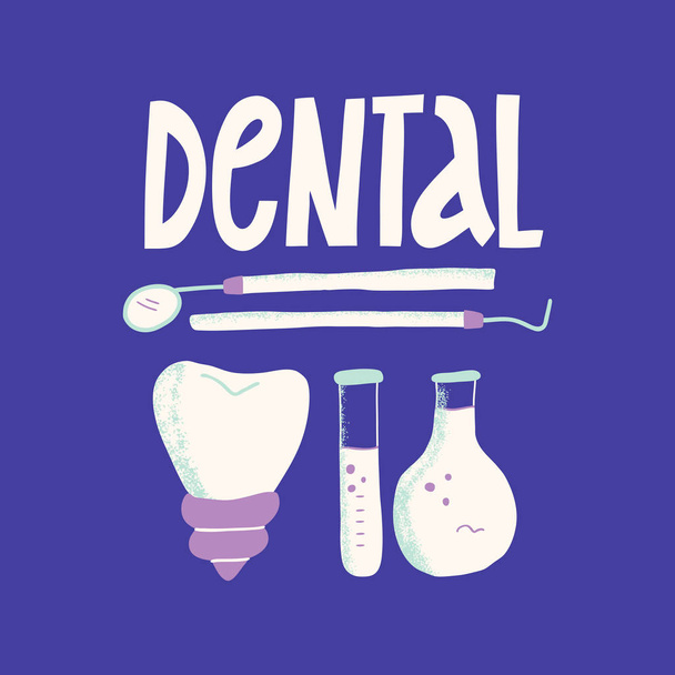 Tandheelkundig model en tandheelkundige apparatuur op een blauwe achtergrond, concept beeld van de tandheelkundige achtergrond. Handgetekende illustratie. - Vector, afbeelding