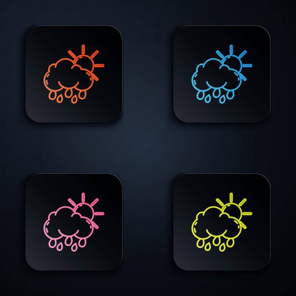 Color neon line Cloud with rain and sun icon isolated on black background. Rain cloud precipitation with rain drops. Set icons in colorful square buttons. Vector Illustration - Vector, Image