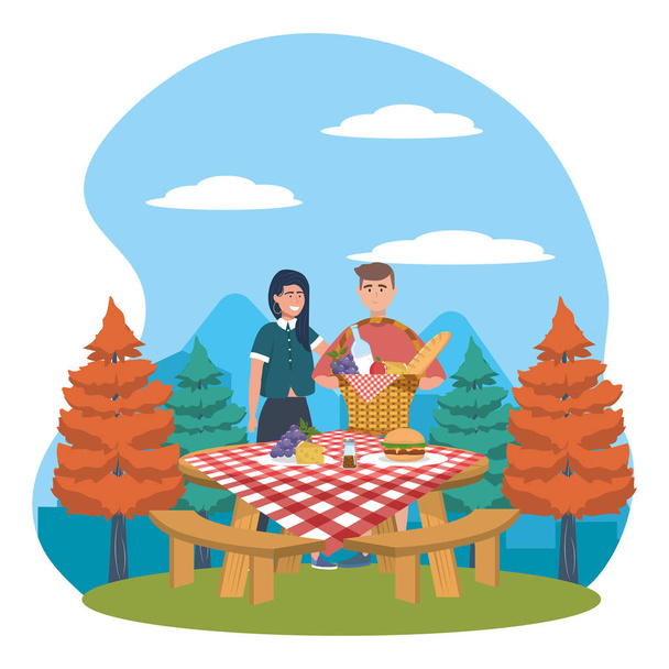 Couple of woman and man having picnic design - Vector, Image