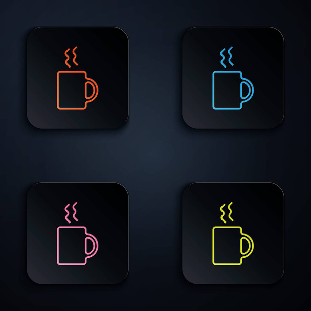Color neón línea icono taza de café aislado sobre fondo negro. Taza de té. Café caliente. Establecer iconos en botones cuadrados de colores. Ilustración vectorial
 - Vector, imagen