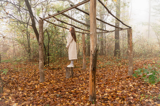 Mladá brunetka v bílém plášti stojí na pařezu pod suchým dřevěným baldachýnem mezi lesem v mlze - Fotografie, Obrázek
