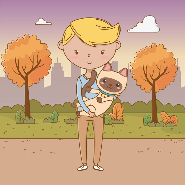 Niño con gato diseño de dibujos animados
 - Vector, imagen