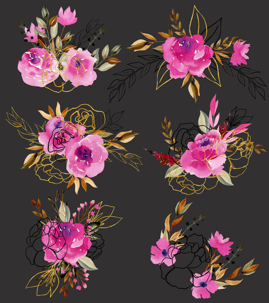 Kolekce akvarelů kytice v růžové, karmínové a hnědé barvě; ručně kreslené izolované na tmavém pozadí - Fotografie, Obrázek