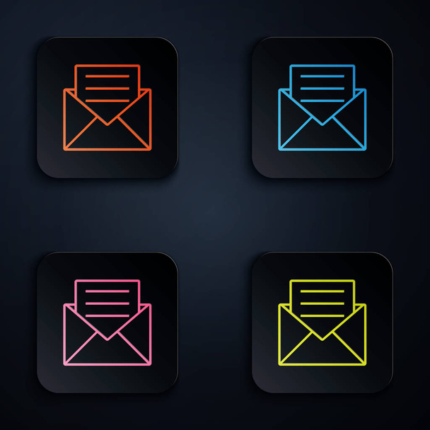 Цветная неоновая линия Оболочка с иконкой приглашения, выделенной на черном фоне. Установите иконки в красочные квадратные кнопки. Векторная миграция
 - Вектор,изображение