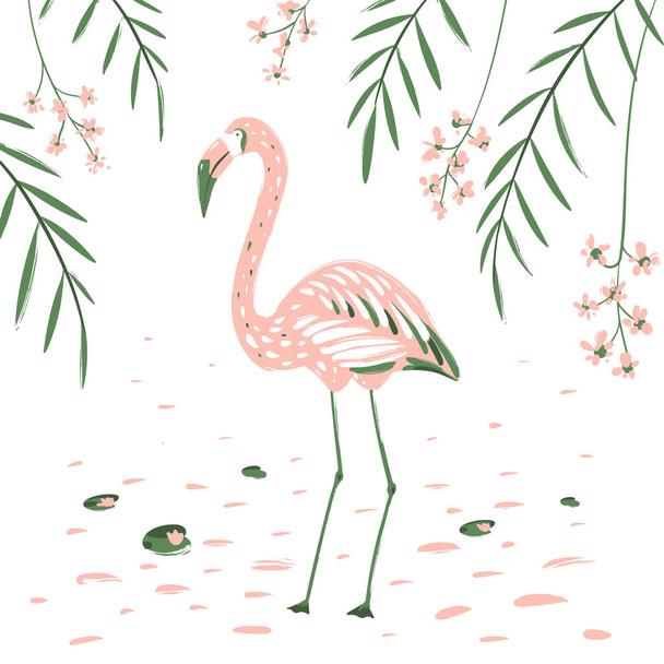 Vaaleanpunainen Flamingo taustalla kukkia ja trooppisia lehtiä. Kuvitus sarjakuvatyyliin
 - Vektori, kuva