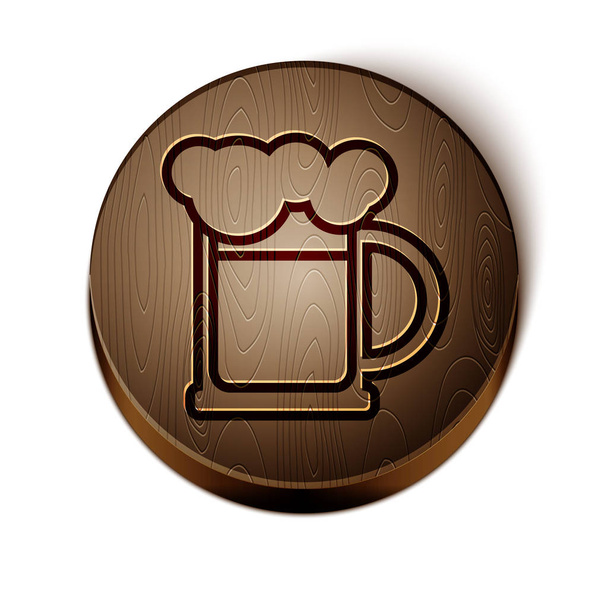 Kahverengi çizgi tahta bira kupası ikonu beyaz arka planda izole edilmiş. Tahta daire düğmesi. Vektör İllüstrasyonu - Vektör, Görsel
