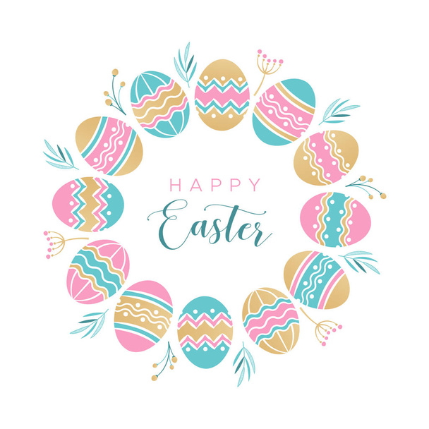 Easter wreath with colored Easter eggs, flowers, leaves and branches on white background. Decorative frame with gold elements. Unique design for your greeting cards. Vector in modern style. - Vektori, kuva
