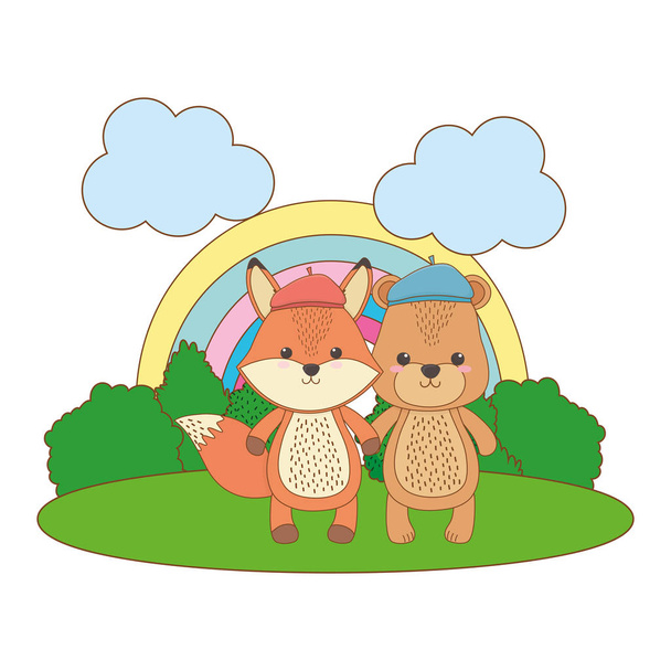 Fox e orso cartone animato con disegno cappello - Vettoriali, immagini