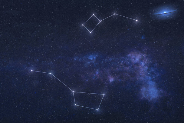 Ursa major e Constelações Menores de Ursa no espaço sideral com estrela polar
 - Foto, Imagem