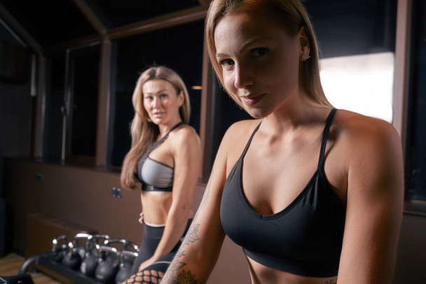 Two attractive sporty women riding exercise bikes during cycling training in gym - Photo, Image