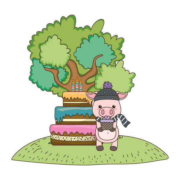 Desenhos animados porco com design ícone de aniversário feliz - Vetor, Imagem