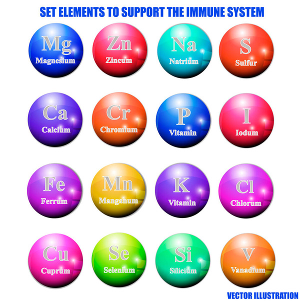 Nastavit prvky a vitamíny na podporu imunitního systému. - Vektor, obrázek