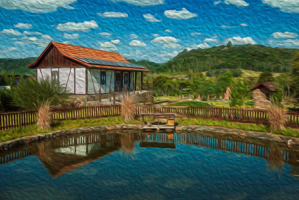 Dům a rybník uprostřed venkovské krajiny - Fotografie, Obrázek