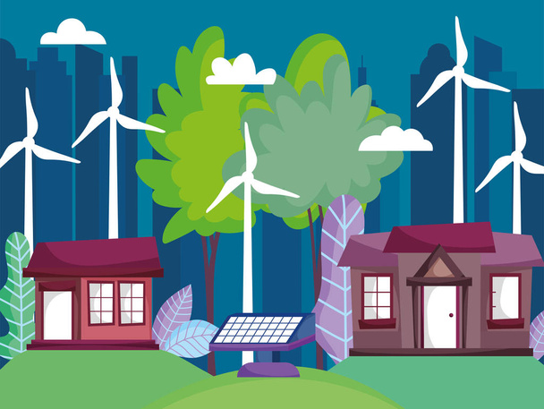 houses and cityscape with wind turbine and solar panel energy ecology - Vector, Image