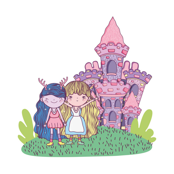cute little fairies couple with castle - Vector, Image