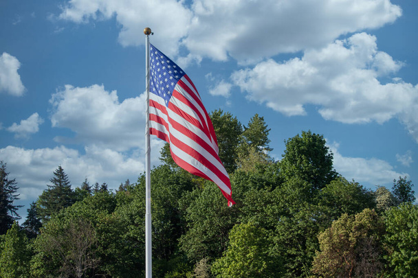 アメリカ国旗の後ろに曇った空が風に吹かれて - 写真・画像