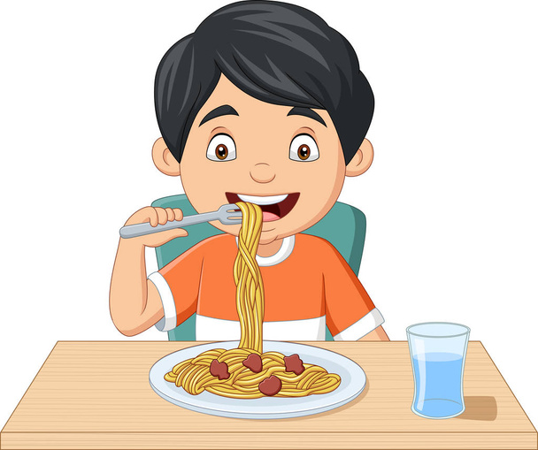 Vector illustration of Cartoon little boy eating spaghetti - Vector, Image
