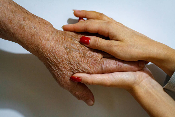 Бабушка и молодая девушка держатся за руки. Поддержка пожилых людей от молодежи и детей. Забота о стариках на пенсии
. - Фото, изображение