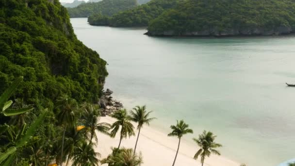 緑のジャングルの近くの穏やかな海。ターコイズブルーの水と穏やかな海、タイのアン・トンパラダイス国立公園の白い砂浜の熱帯海岸。熱帯雨林と岩。夢のビーチ、リラックスして休暇のコンセプト - 映像、動画