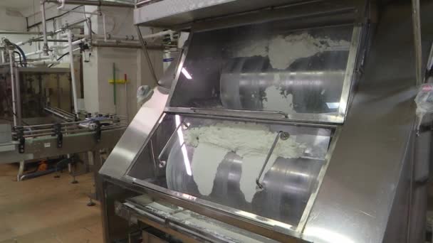 Produção de queijo cottage na fábrica. Produtos à base de creme à base de leite
 - Filmagem, Vídeo