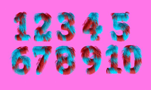Set of bright fluffy numbers isolated on pink background. Set of icons. Animal fur texture numerals from 1 to 10. 3D rendering - Foto, Bild