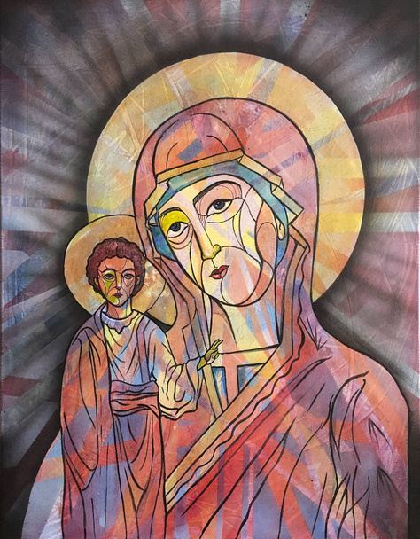 Virgin Mary and child portrait . Cubism illustration - Photo, Image