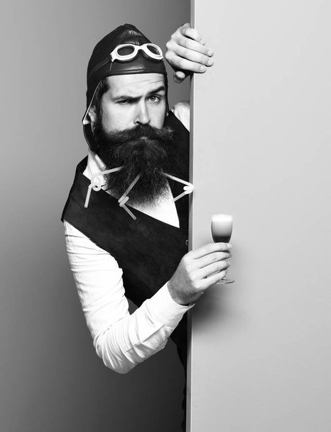serious handsome bearded pilot or aviator man with long beard - Foto, Imagem