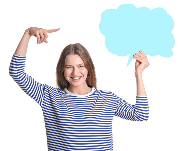 Young woman with blank speech bubble on white background - Photo, Image
