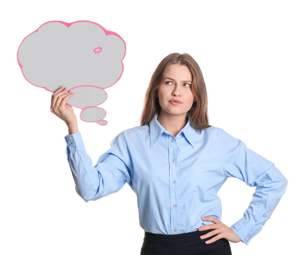 Thoughtful young woman with blank speech bubble on white background - Foto, Bild