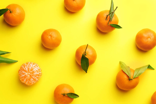 Sweet tangerines on color background - Фото, изображение