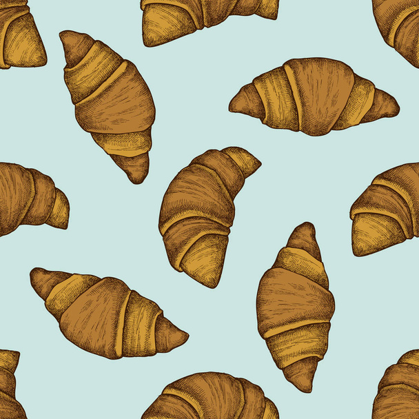 Seamless pattern with hand drawn colored croissants and bread - Vektor, Bild