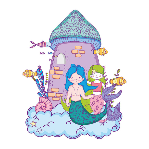 kale denizaltı sahne ile çift Mermaids - Vektör, Görsel