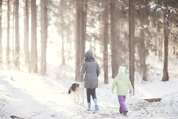children play with a dog in the winter landscape of a sunny forest, snowfall girls and husky - Foto, imagen