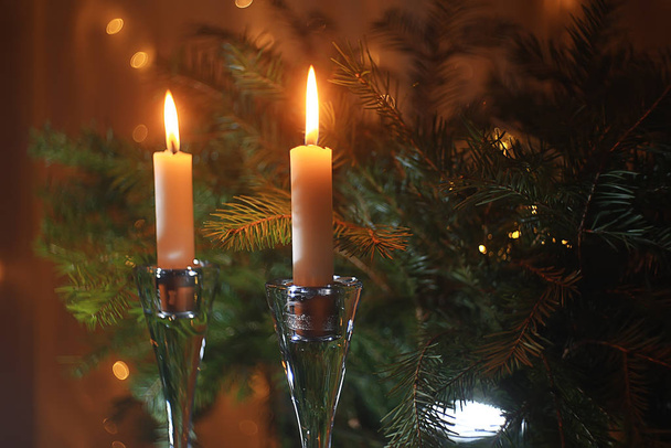 Christmas candles decoration card, New Year, table decorations, burning candles and Christmas tree branches - Foto, Bild