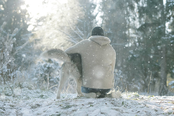 man and dog are sitting with their backs to the frame, the concept of psychology is sadness, caring friendship - Fotografie, Obrázek