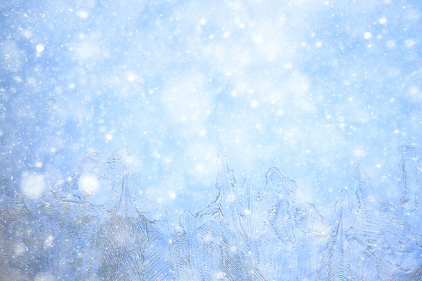snow ice background, abstract winter seasonal background, white snowflakes blizzard on ice overlay background - Photo, Image