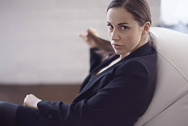 business lady background studio. Hiring professional portrait woman in formal suit - Valokuva, kuva