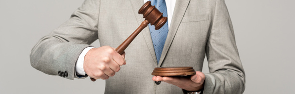 vista parcial del juez sosteniendo el mazo aislado en gris, plano panorámico
 - Foto, Imagen